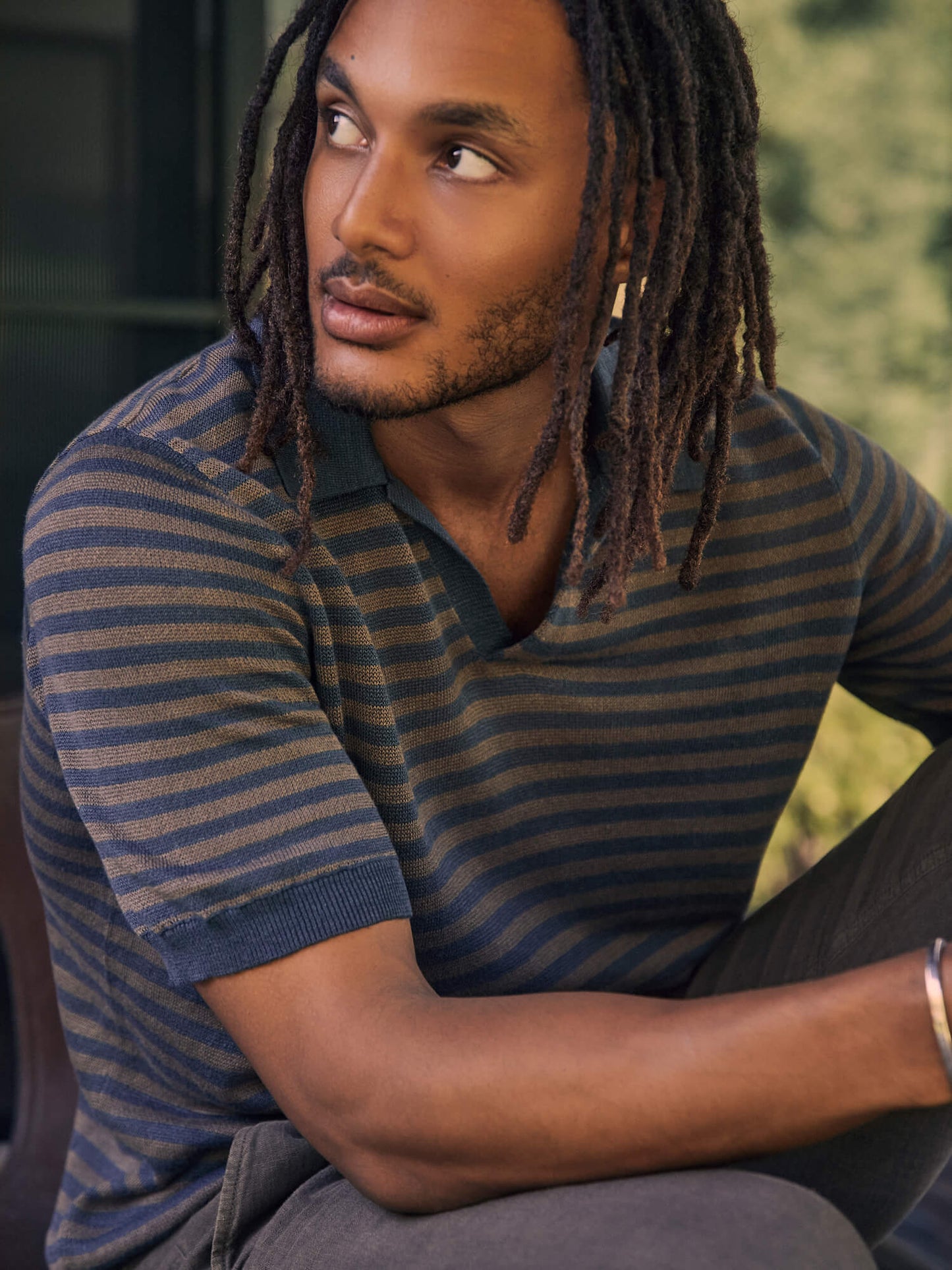 Short-Sleeve Linen Sweater Polo - Navy Cedar Stripe