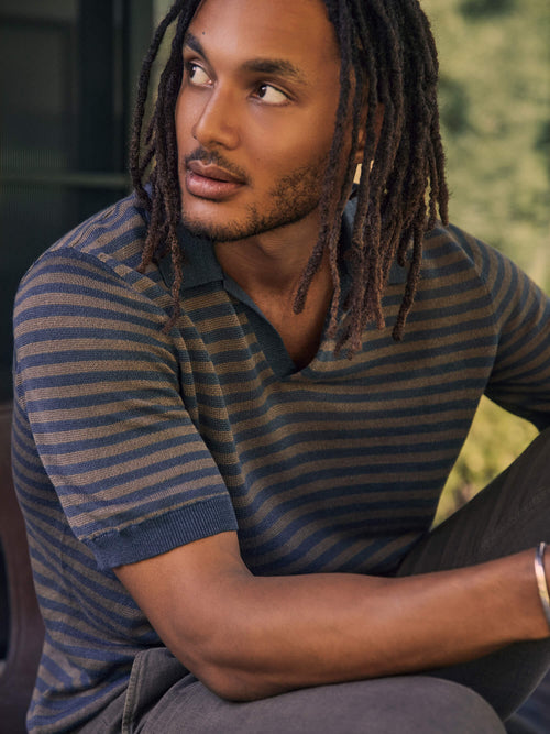 Short-Sleeve Linen Sweater Polo - Navy Cedar Stripe