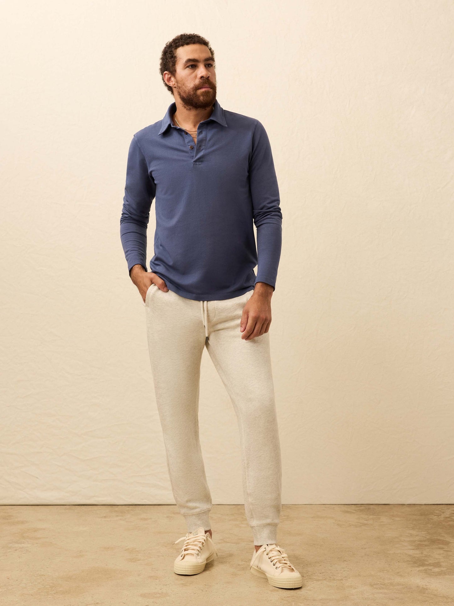 Long-Sleeve Twill Knit Polo - Blue Nights