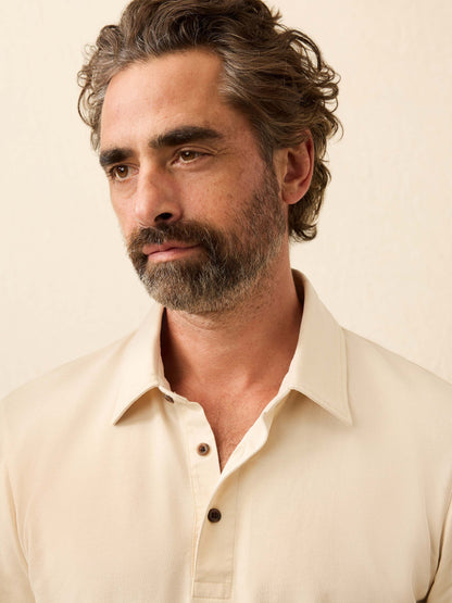 Long-Sleeve Twill Knit Polo - Coastal Cream