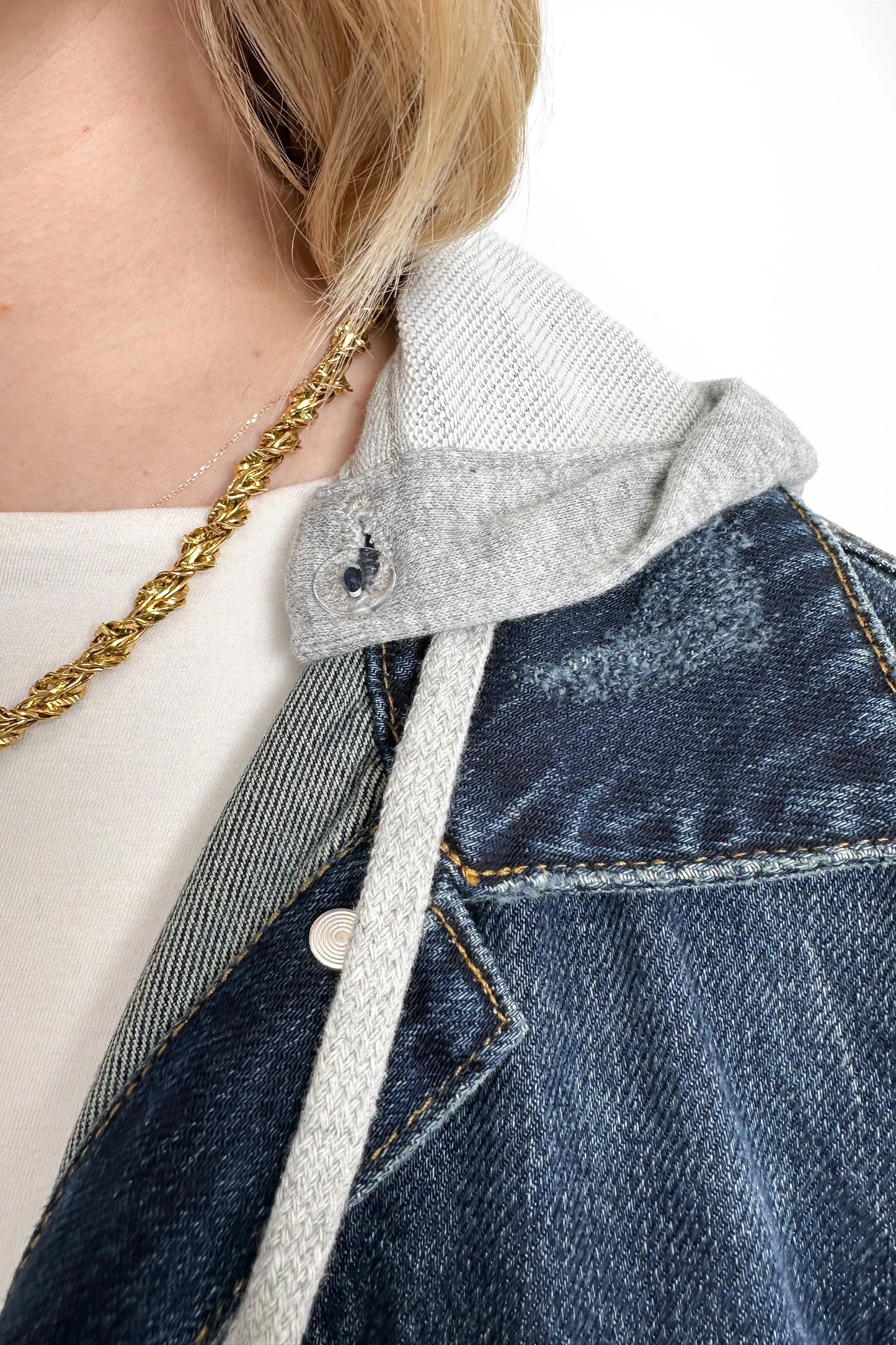 The Blaise Dark Wash Removable Hood Distressed Denim Jacket