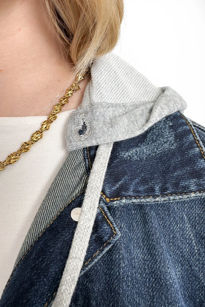 The Blaise Dark Wash Removable Hood Distressed Denim Jacket