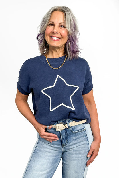 Women's Outlined Star Knit Short Sleeve Sweater by Ava Lane