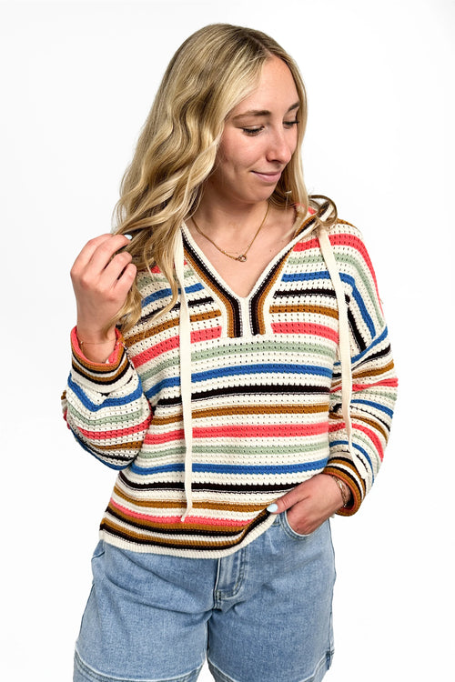 Women's Striped Crochet Hooded Sweater by Ava Lane