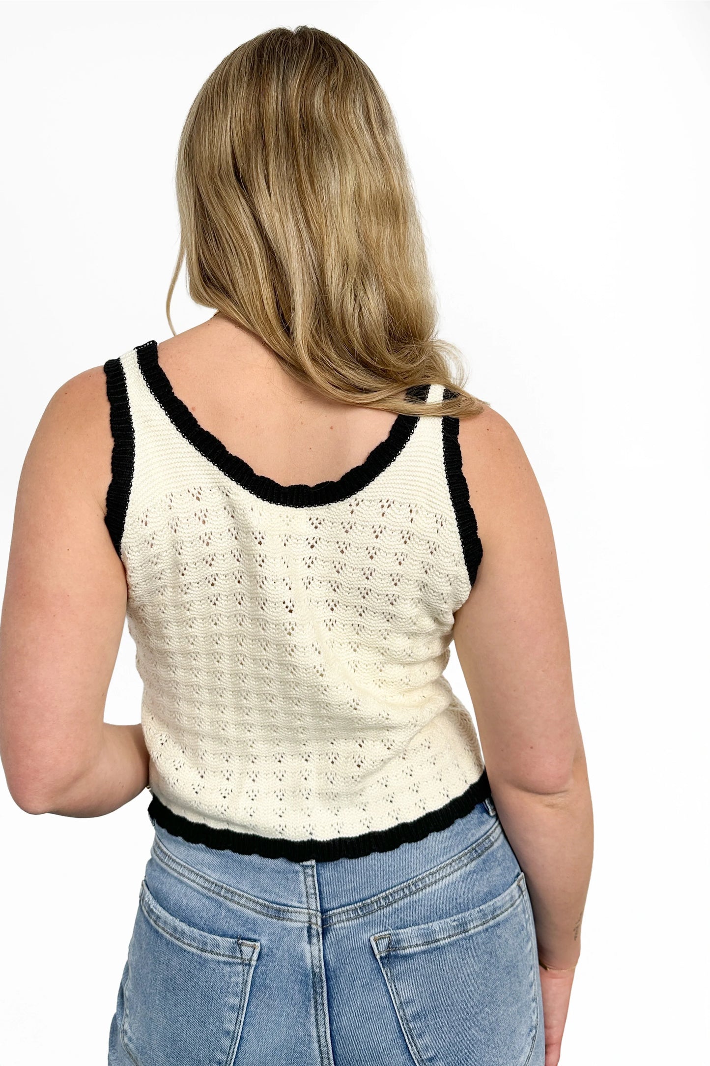 Women's Pointelle Knit Contrast Trim Tank Top by Ava Lane