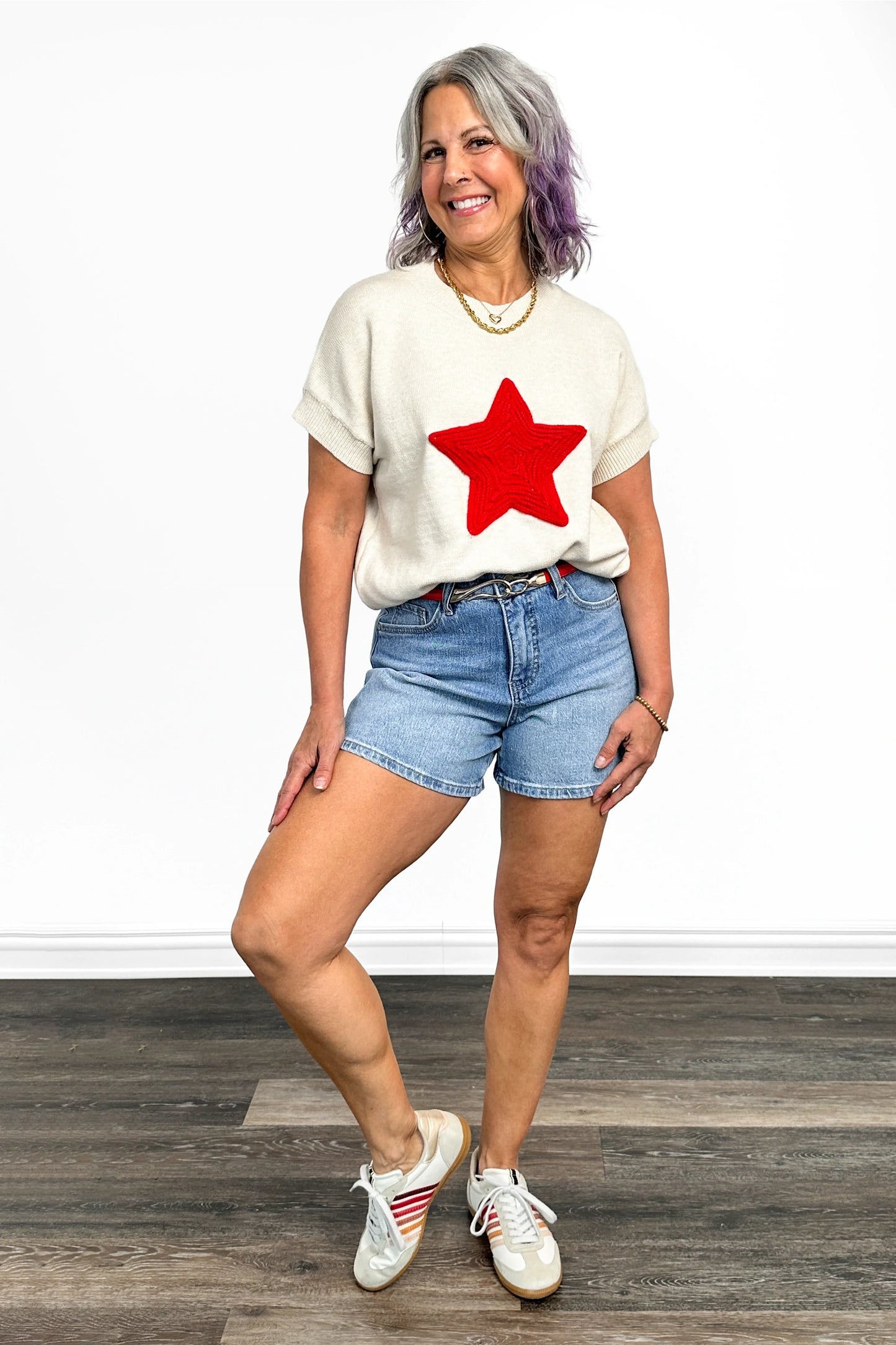 Women's Bold Star Knit Short Sleeve Sweater by Ava Lane