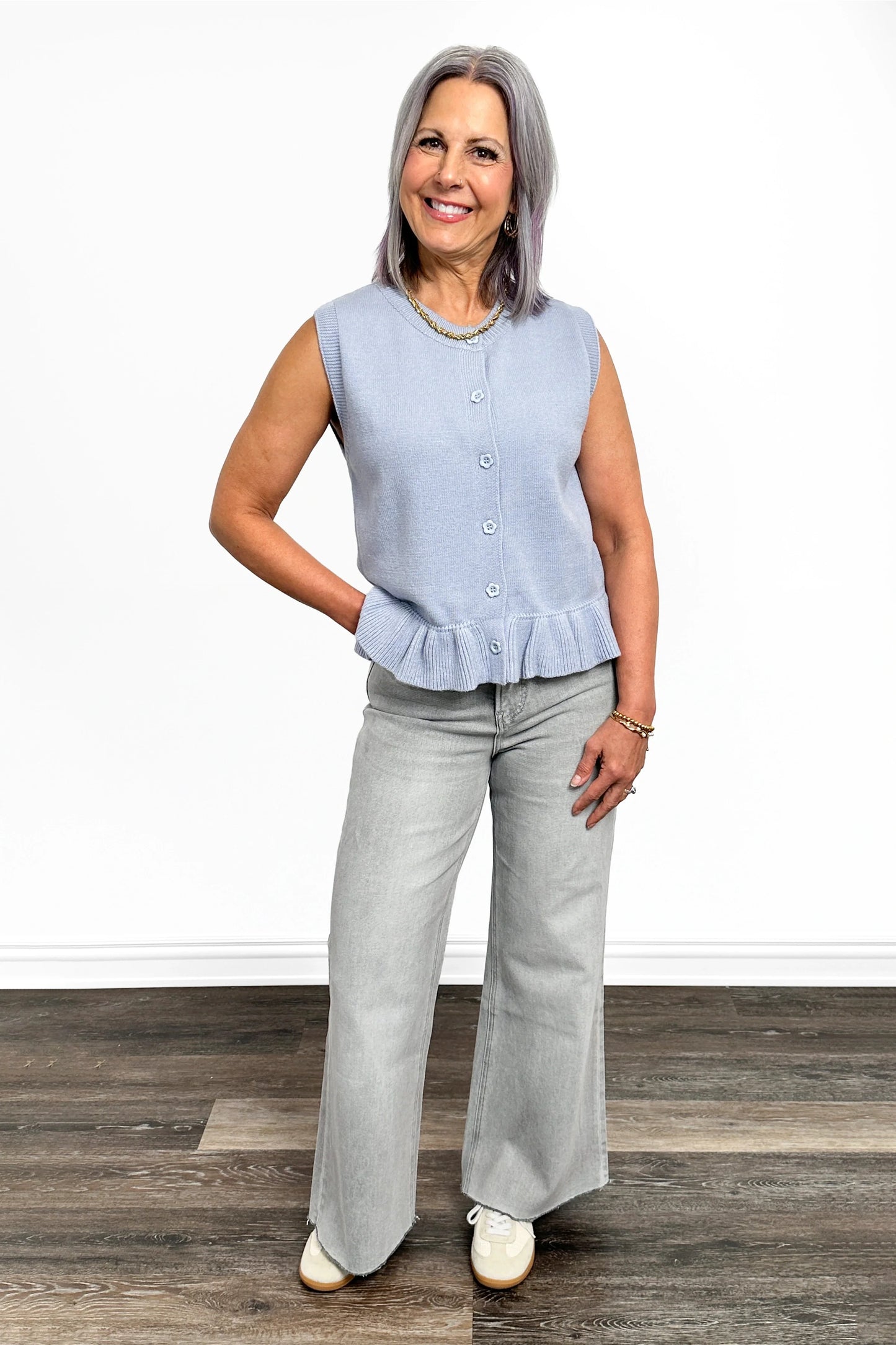 Women's Sleeveless Button Front Ruffle Hem Knit Top by Ava Lane