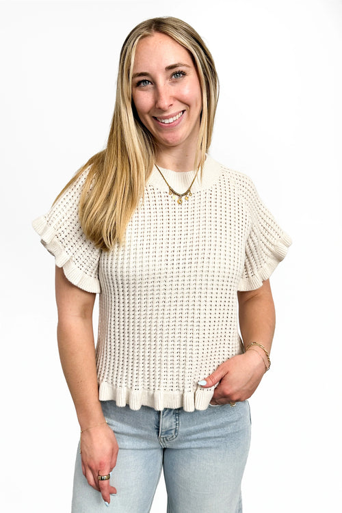 Women's Open Knit Ruffled Hem Short Sleeve Sweater by Ava Lane