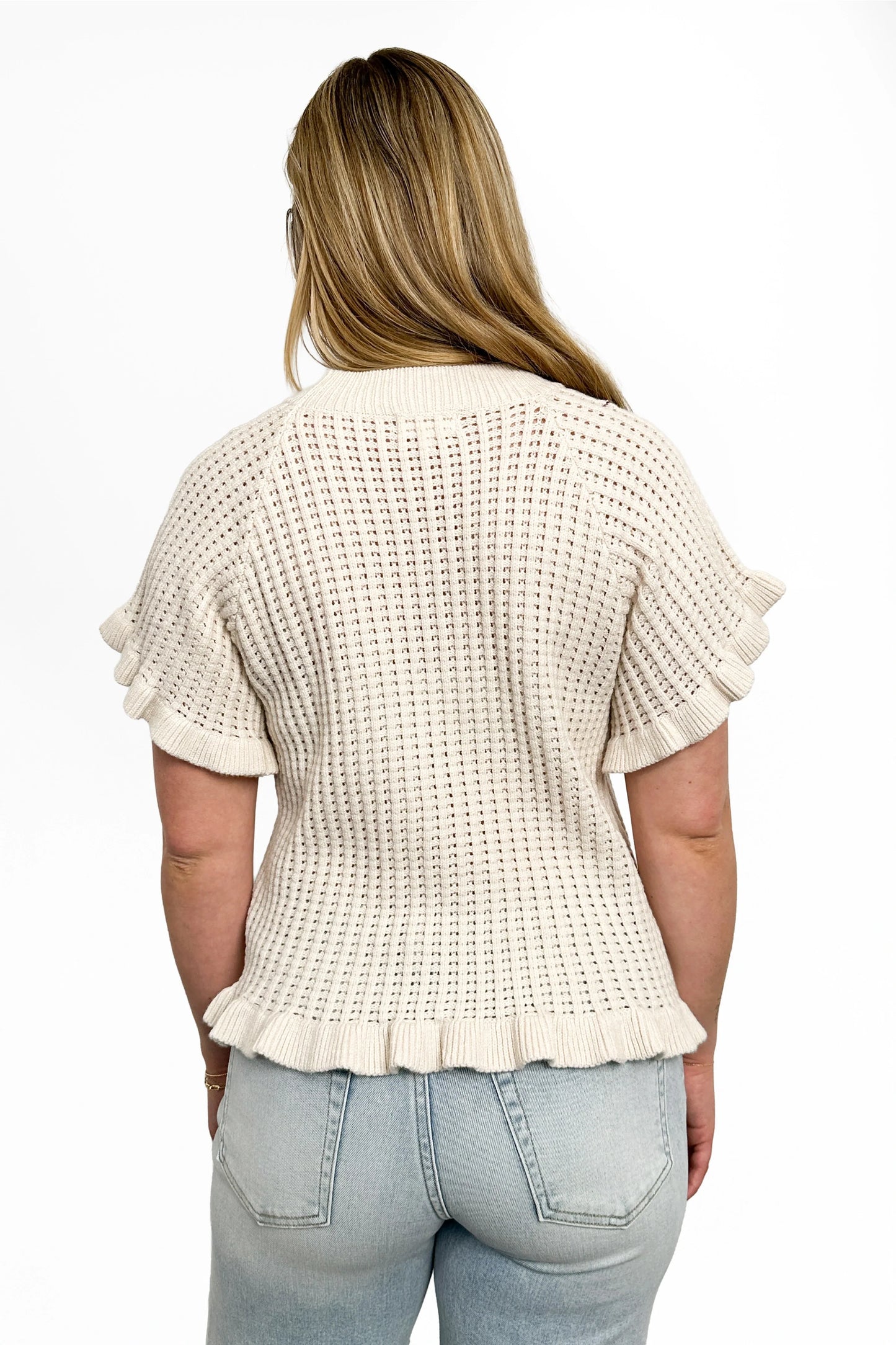Women's Open Knit Ruffled Hem Short Sleeve Sweater by Ava Lane
