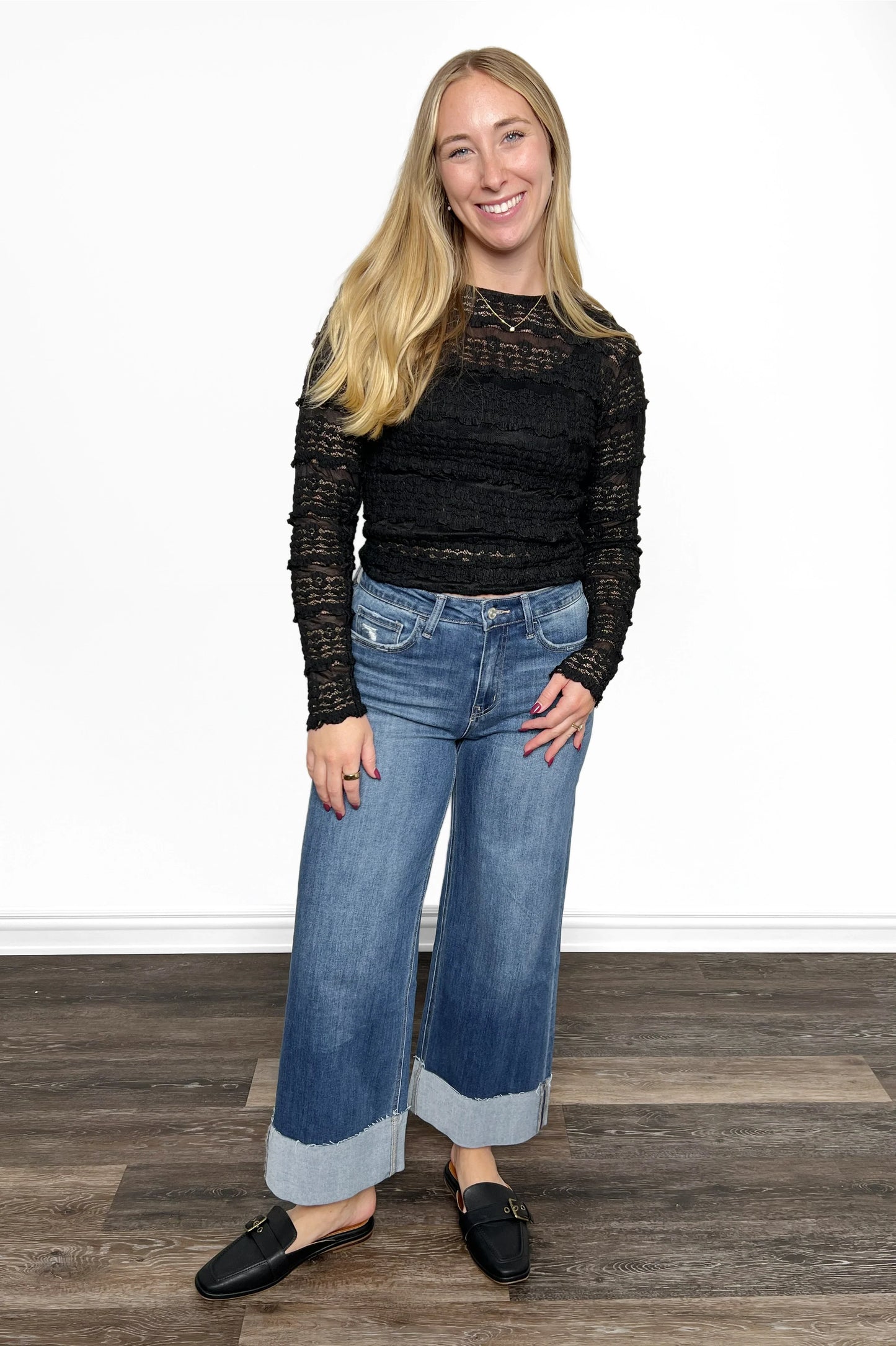 The Leanne High-Rise A Line Wide Leg Cuffed Denim