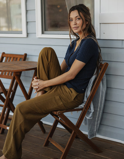 Leukos Linen-Blend Drawcord Pant in Tobacco