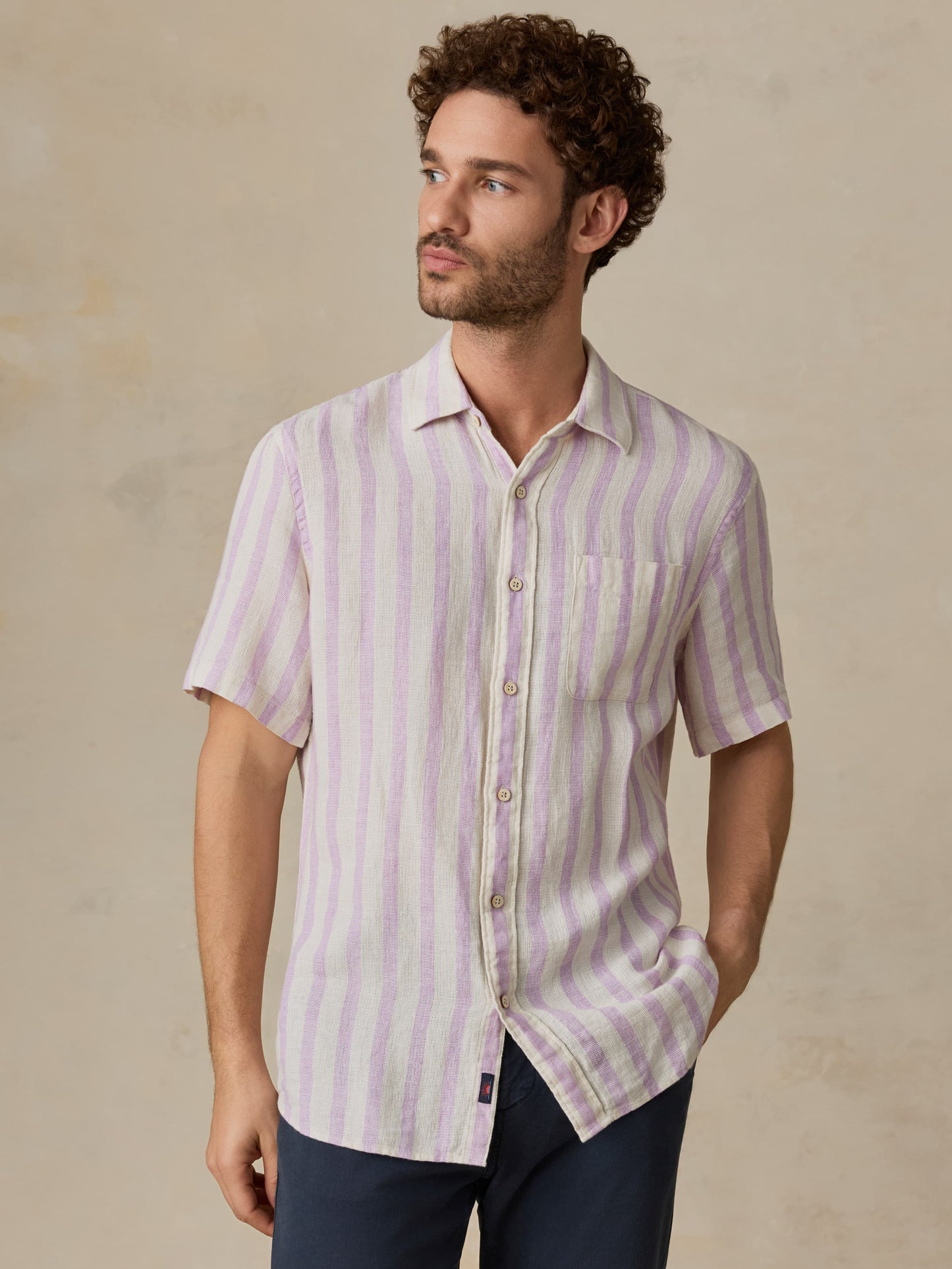 Short-Sleeve Palma Linen Shirt - Lilac Shell Stripe