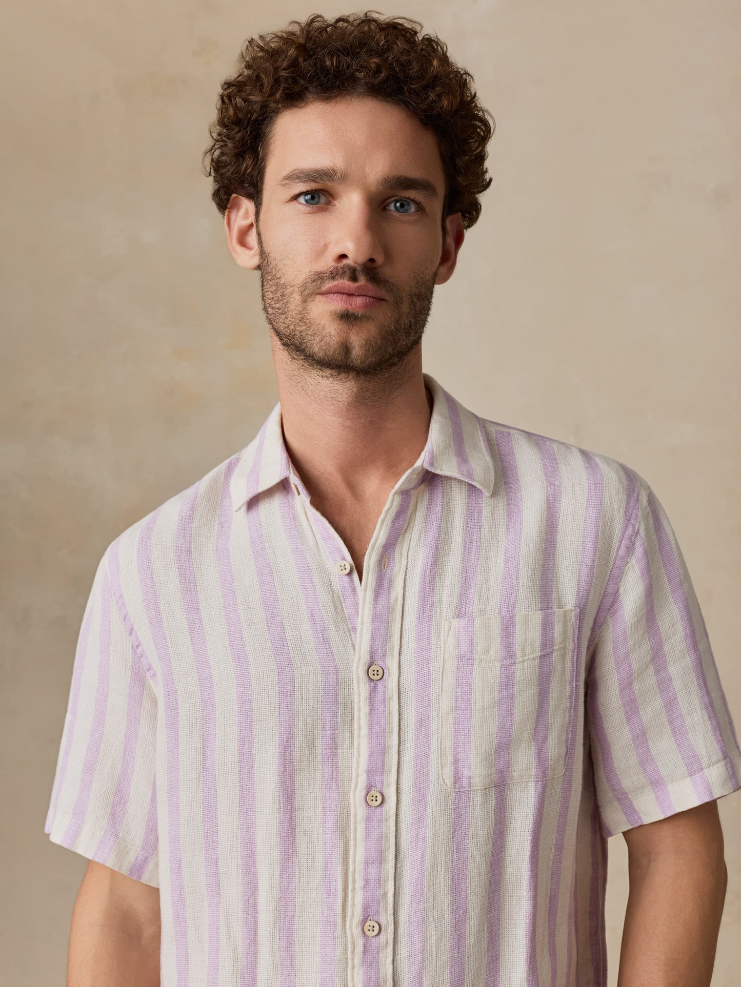 Short-Sleeve Palma Linen Shirt - Lilac Shell Stripe