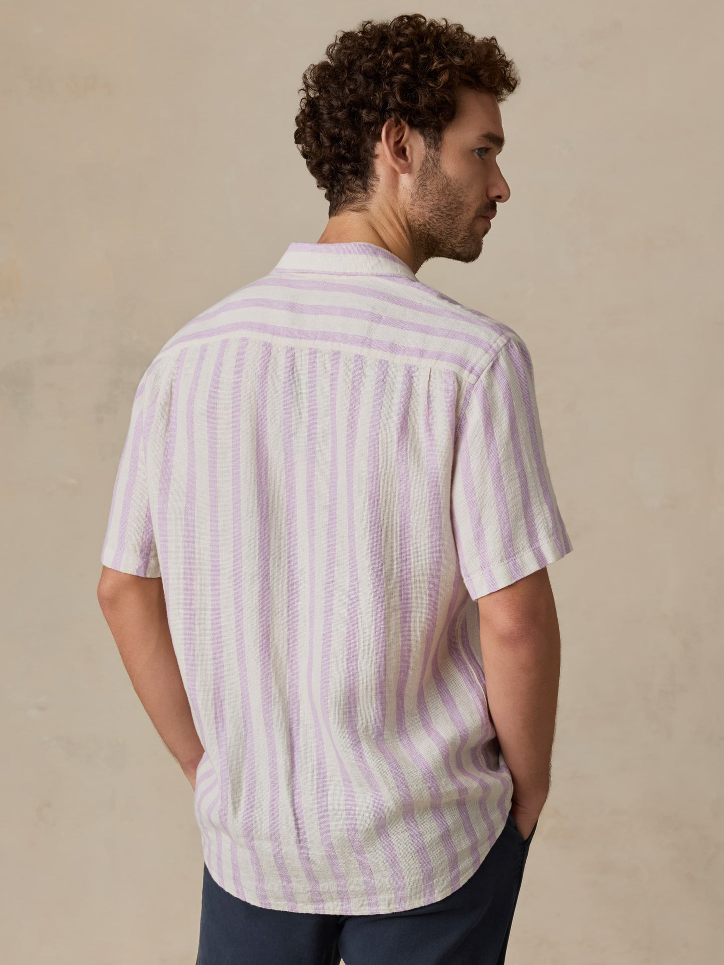 Short-Sleeve Palma Linen Shirt - Lilac Shell Stripe