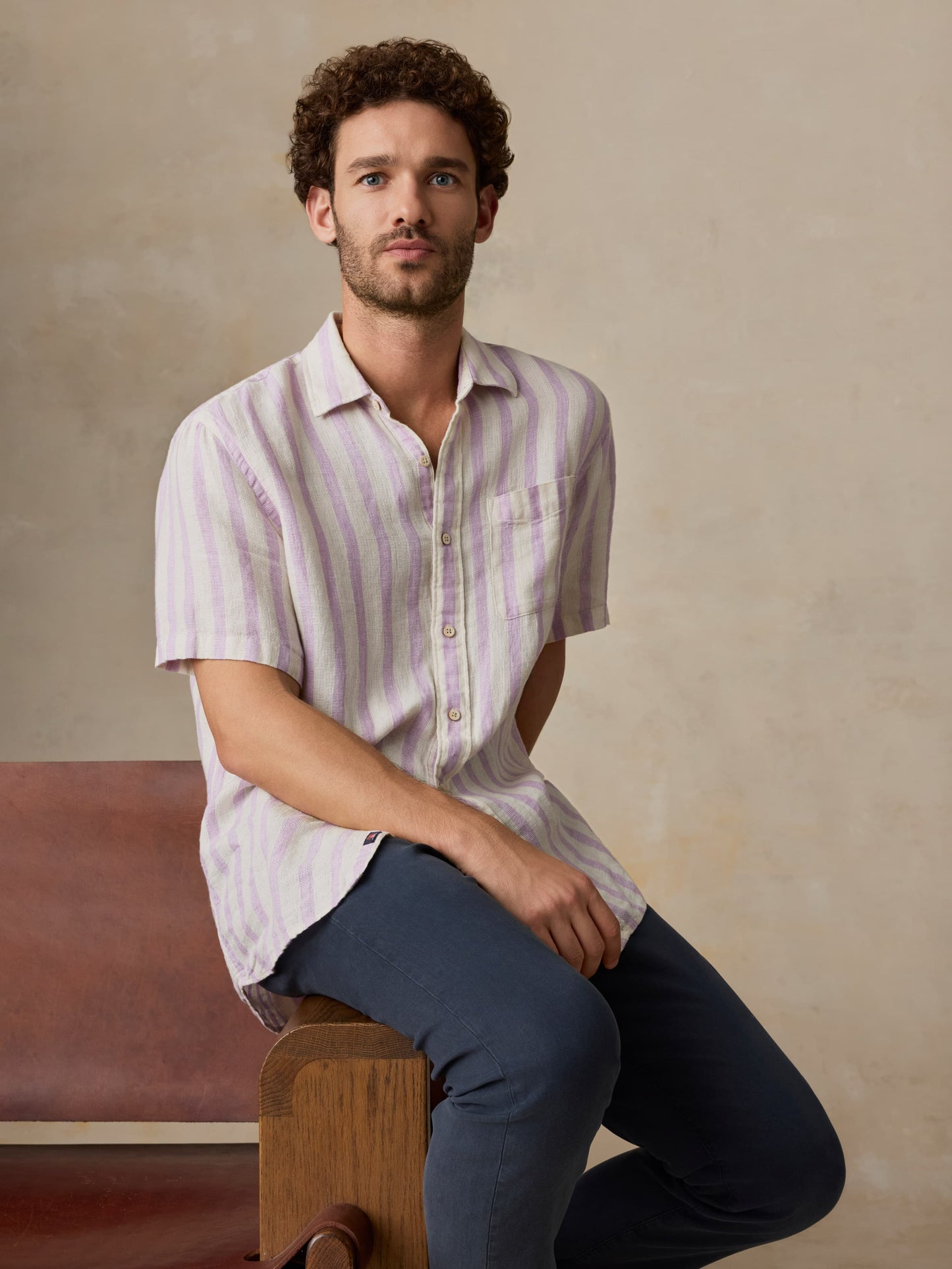 Short-Sleeve Palma Linen Shirt - Lilac Shell Stripe