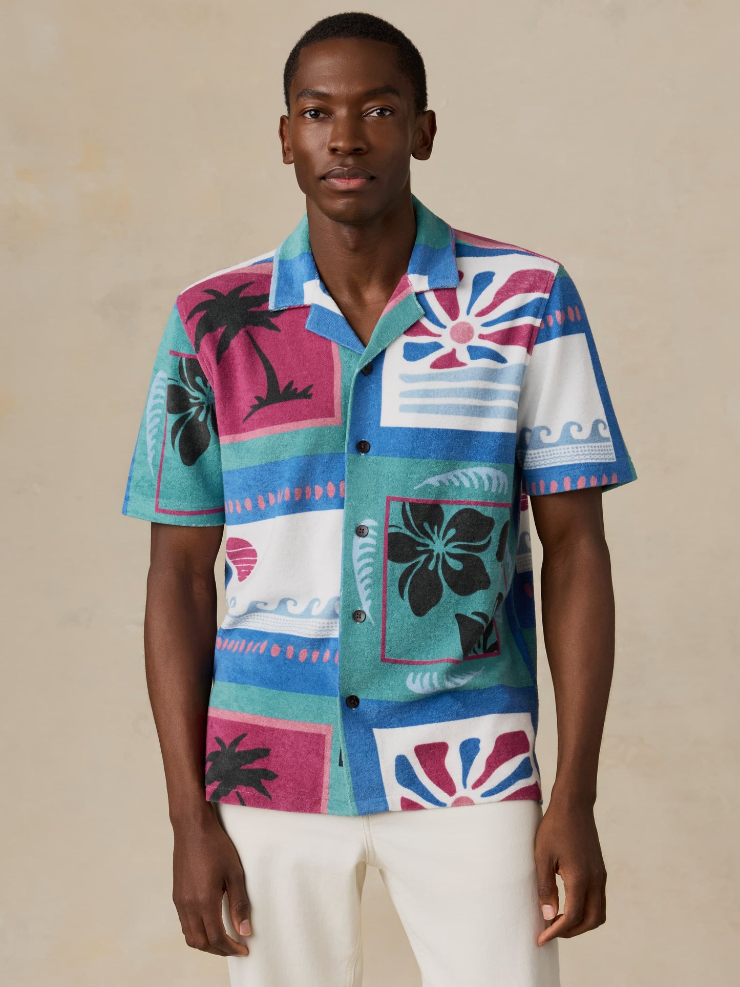 Short-Sleeve Cabana Towel Terry Shirt - Summer Waves Tile