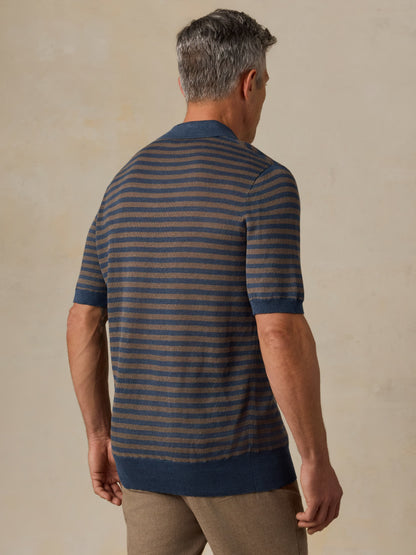 Short-Sleeve Linen Sweater Polo - Navy Cedar Stripe