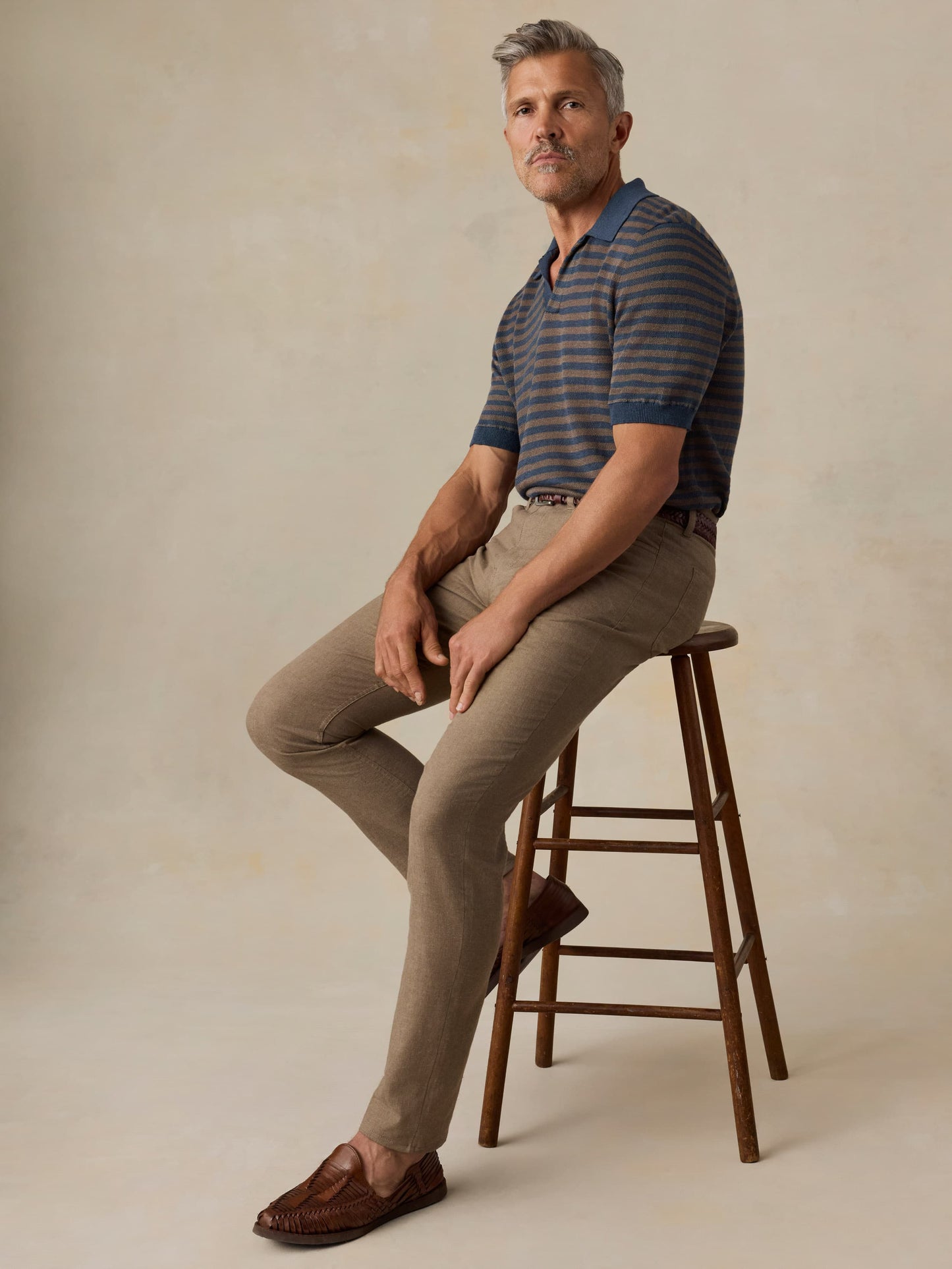Short-Sleeve Linen Sweater Polo - Navy Cedar Stripe