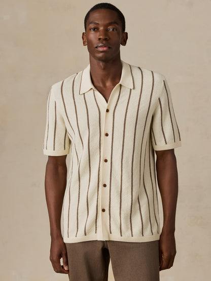 Short-Sleeve Sweater Shirt - Cream Walnut Stripe
