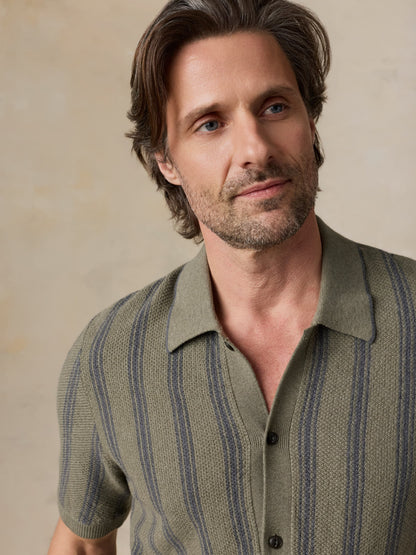 Short-Sleeve Sweater Shirt - Olive Safari Stripe