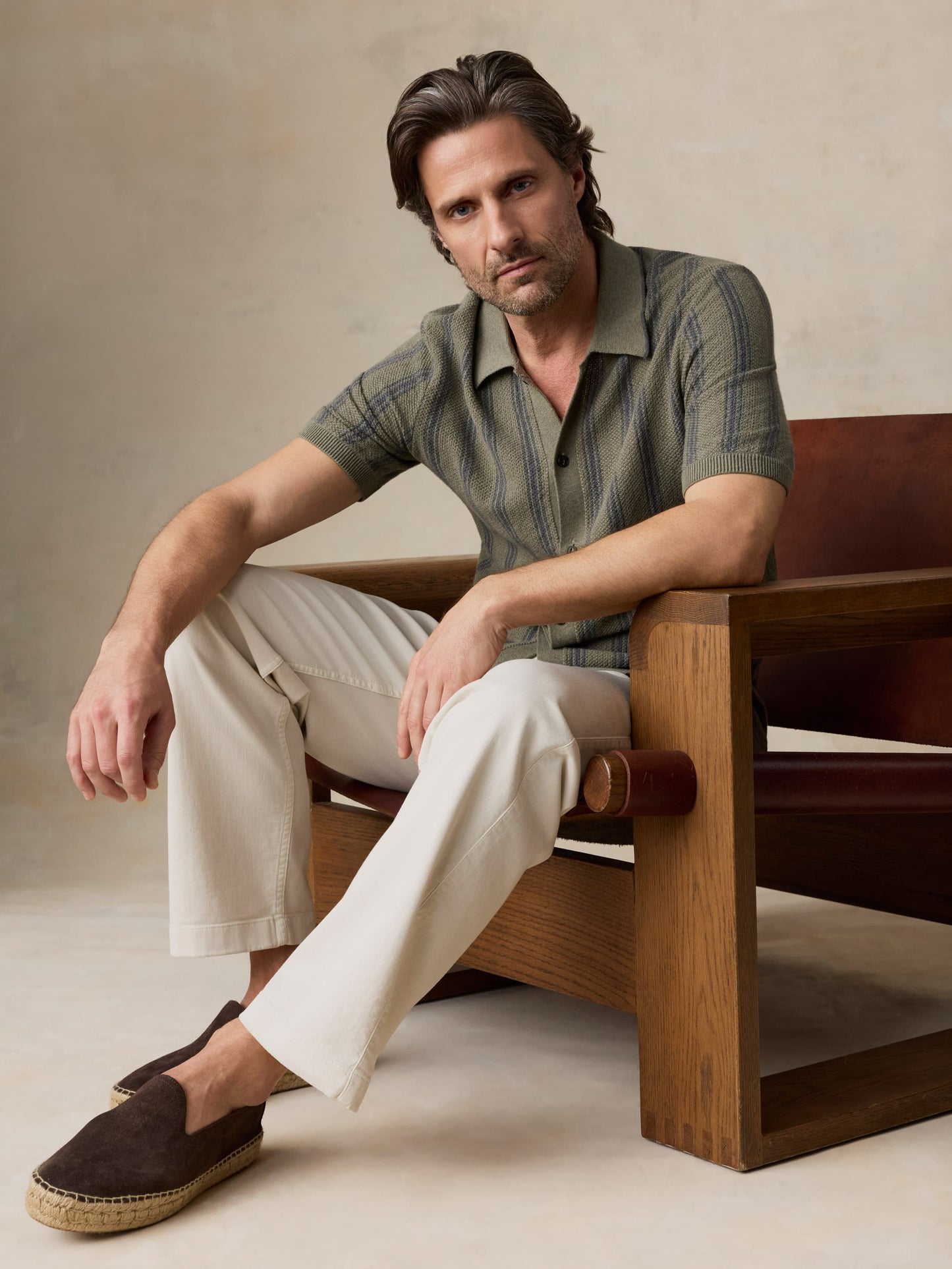 Short-Sleeve Sweater Shirt - Olive Safari Stripe