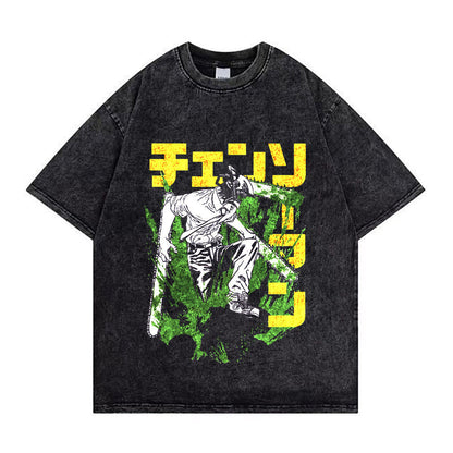 Chainsaw Man Washed Old Retro T-Shirt Street Casual Summer Short Sleeve