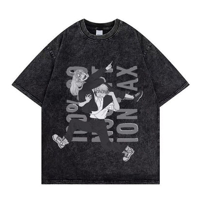 Chainsaw Man Washed Old Retro T-Shirt Street Casual Summer Short Sleeve
