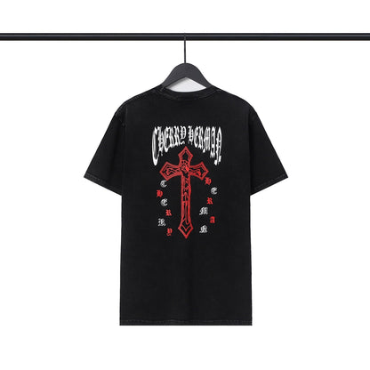 CHH Chrome Heart T Shirts Cross Sanskrit Printed Crew Neck Washed Short Sleeve Fashion T-Shirt