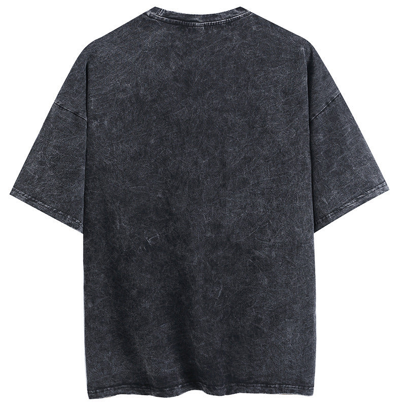 Cotton Washed Retro Alphabet Print T-Shirt Hip Hop Short Sleeves