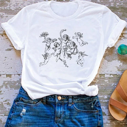 Cute Angel Print Women Tshirt Vintage Fashion Cotton T-Shirt