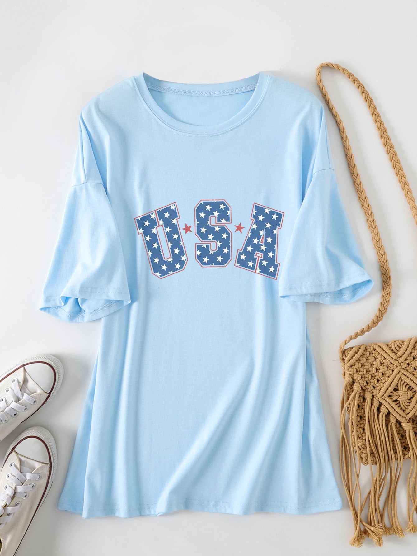 Crew neck short-sleeved usa printed T-shirt casual and loose