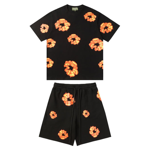 Denim Tears Outfit:T Shirt/Shorts (Separate Purchase Options) Flame Short Sleeve T-shirt Sports Casual Shorts Suit