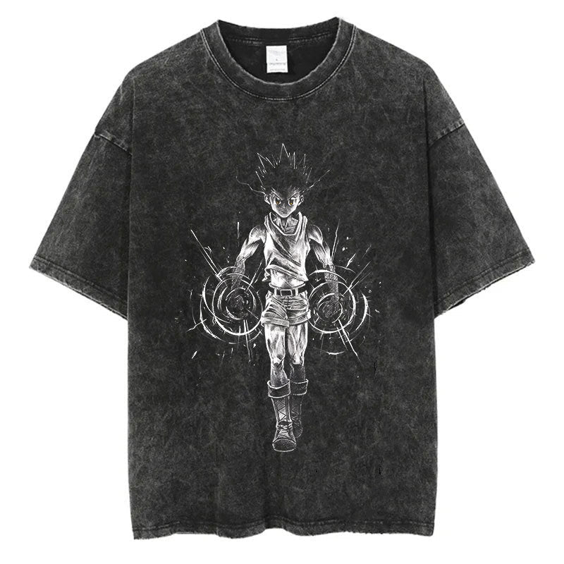 Cotton Men Women Washed Vintage T-Shirt Anime Graphic Print