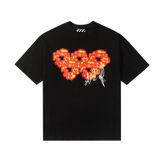 Denim Tears T Shirts Flame Wood Cotton Printed Loose Short Sleeve T-shirt