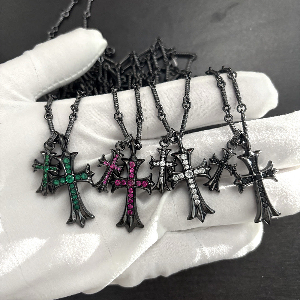 Chrome Hearts Necklace Cross with Diamond Thai Silver Black Pendant Men's and Women's