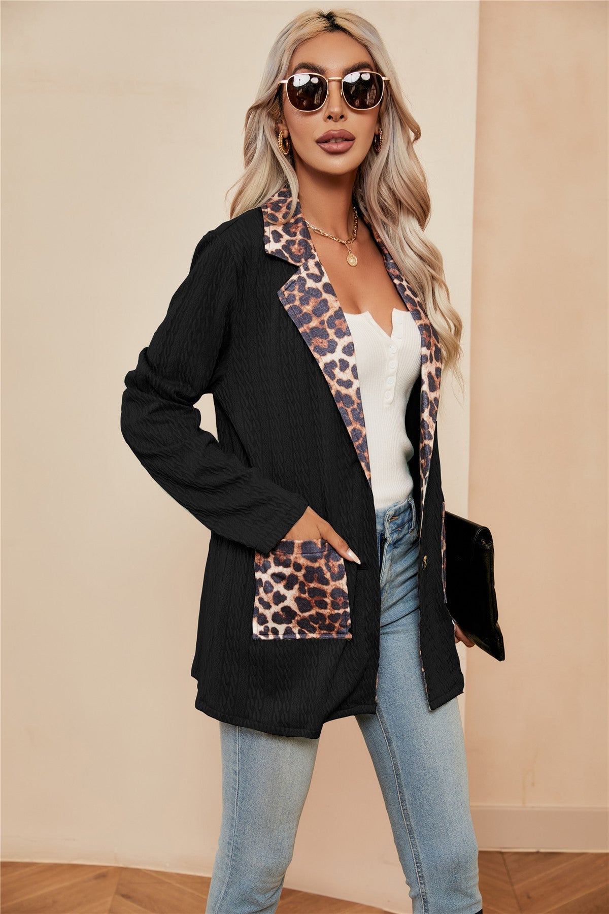 Beth Dutton Wardrobe Leopard Splicing Cardigan Women's Suit Lapel Suit Jacket Tops