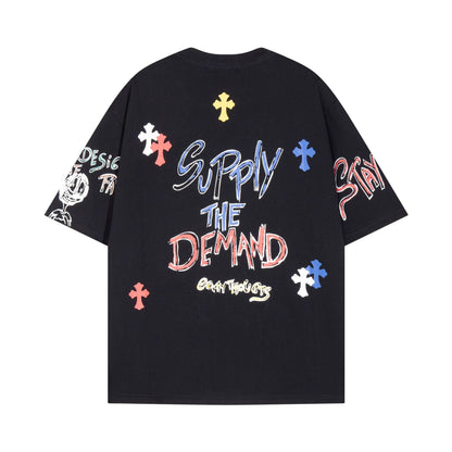 CHH Chrome Heart T Shirts Cross Print Sanskrit Hand Painted Graffiti Short Sleeve T-Shirt
