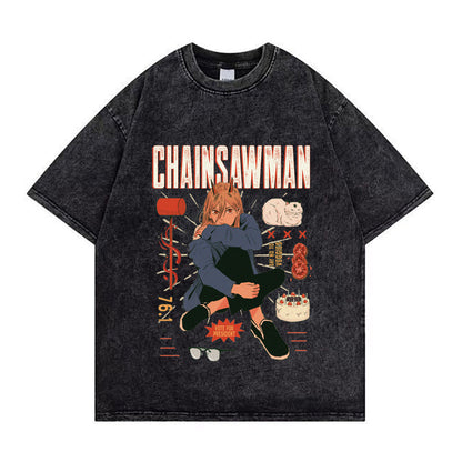Chainsaw Man Washed Old Retro T-Shirt Street Casual Summer Short Sleeve