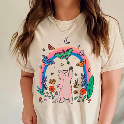Cute Funny Cat Shirt Summer Casual Short Sleeve Loose Women