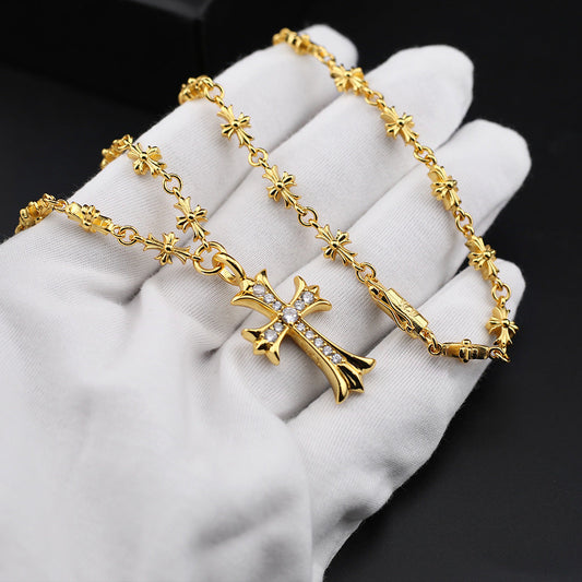 Chrome Hearts Necklace Gold Retractable Cross Cold Wind Diamonds