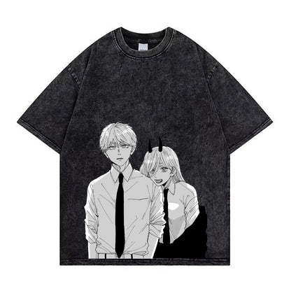 Chainsaw Man Washed Old Retro T-Shirt Street Casual Summer Short Sleeve