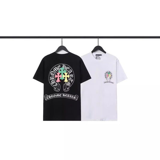 CHH Chrome Heart T Shirts Crowe Scroll Heart Color Cross Print Crew Neck Short Sleeve