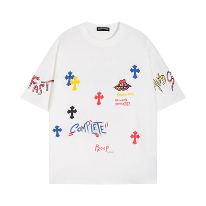 CHH Chrome Heart T Shirts Cross Print Sanskrit Hand Painted Graffiti Short Sleeve T-Shirt