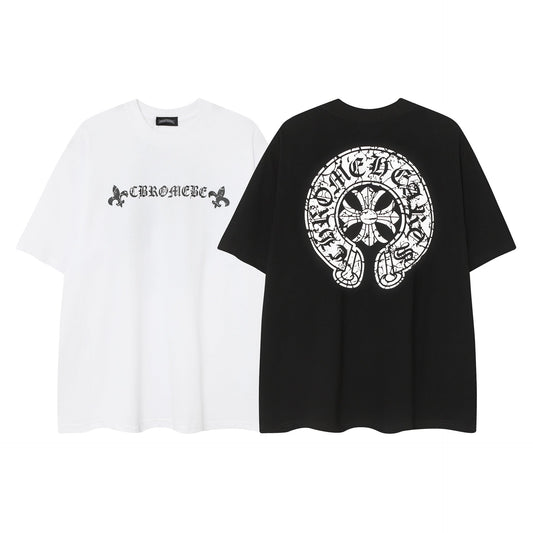 CHH Chrome Heart T Shirts Horseshoe Cross Old Retro Fashion Men's and Women's Short Sleeve T-Shirt