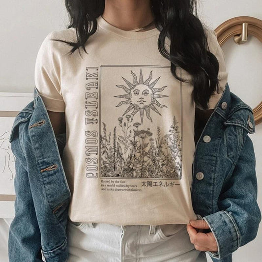 Celestial Sun Floral Print T-Shirts Female Vintage Boho
