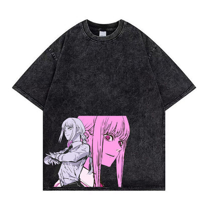Chainsaw Man Washed Old Retro T-Shirt Street Casual Summer Short Sleeve
