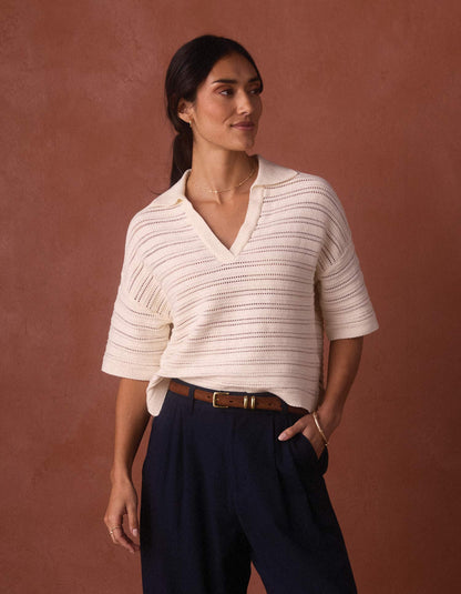 Emma Openwork Short Sleeve Polo in Cream