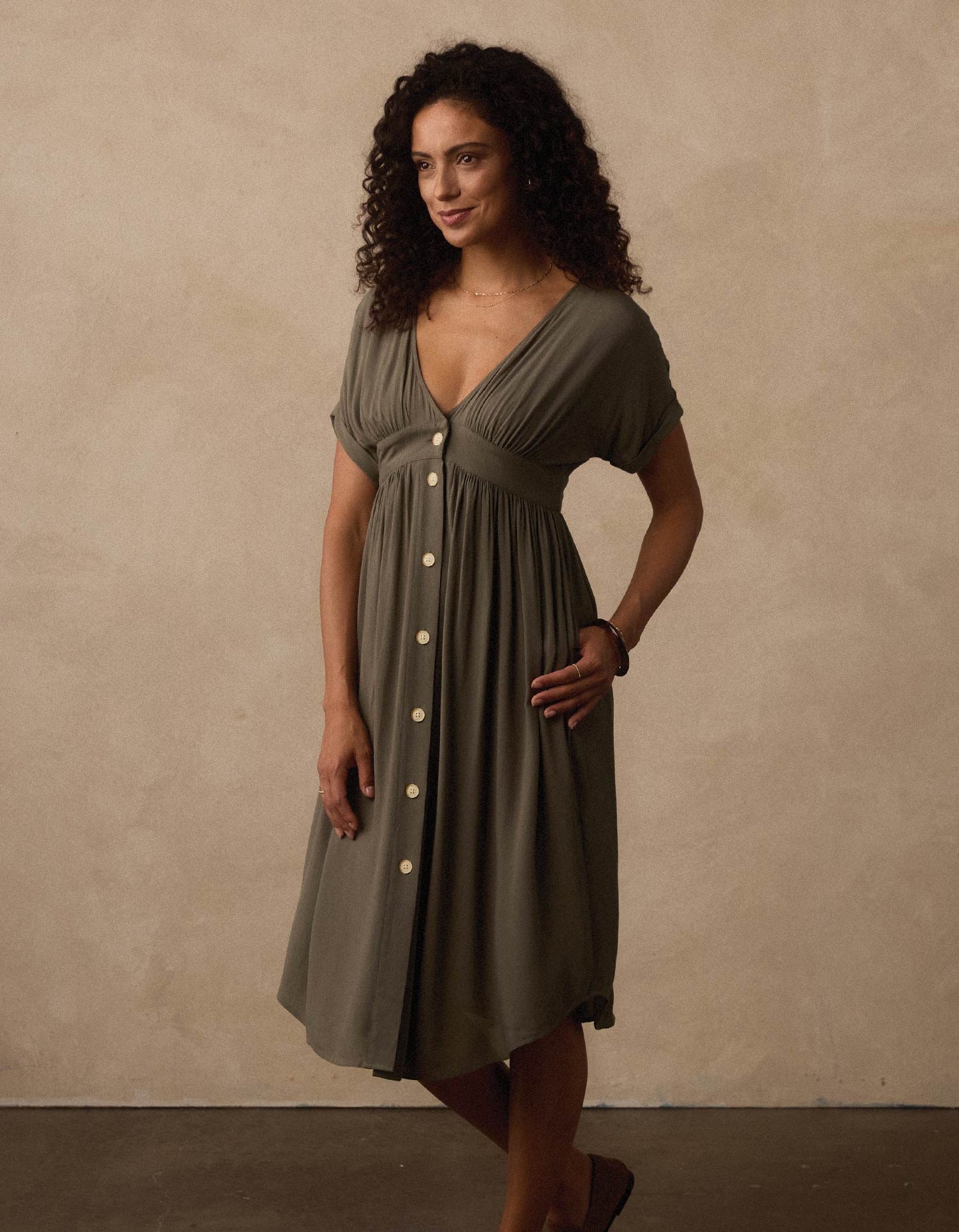 Deep V Button Thru Dress in Moss