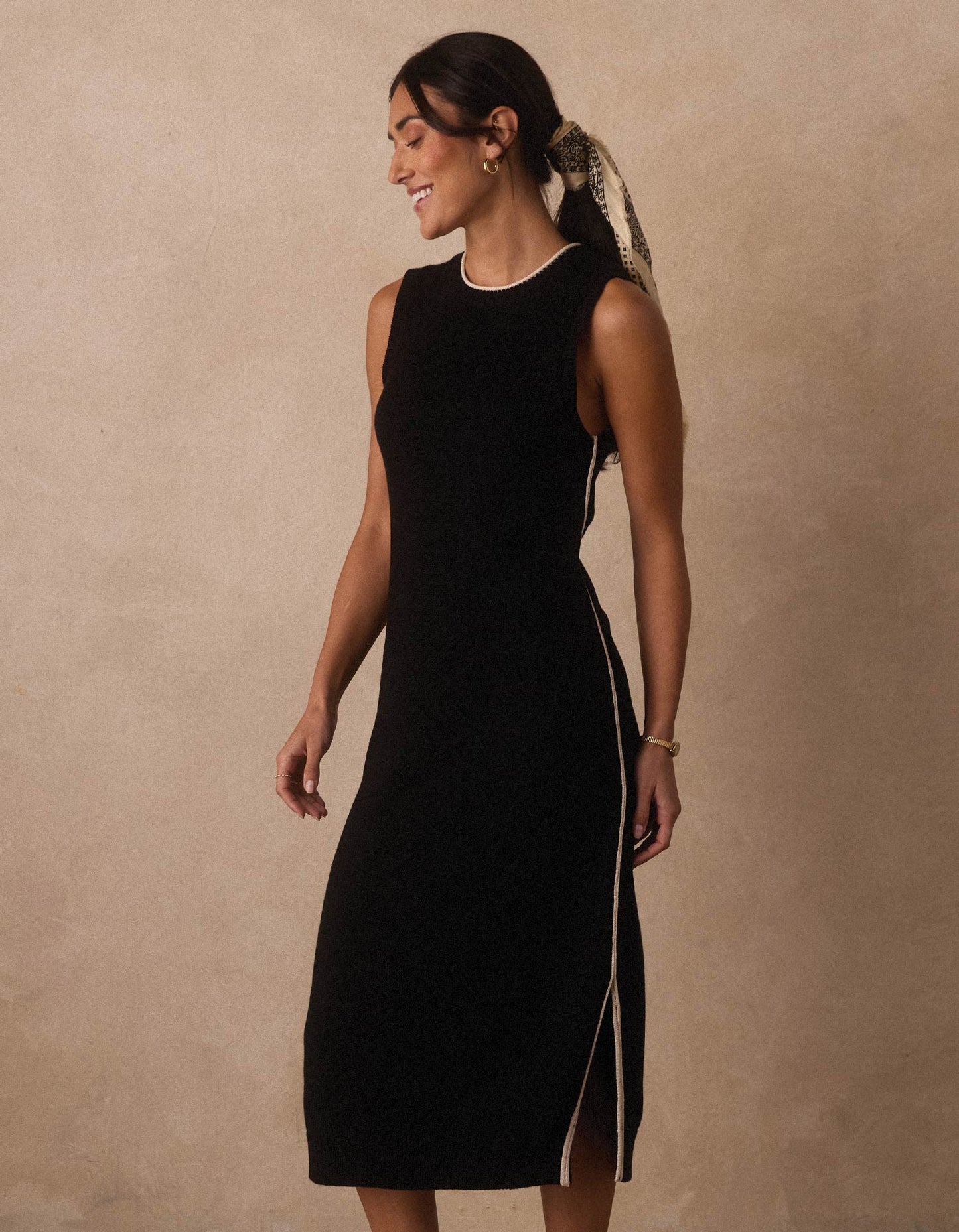 Lucia Knit Midi Dress in Black/Cream