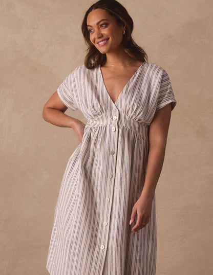 Freshwater Deep V Button Thru Dress in Vintage Blue Stripe